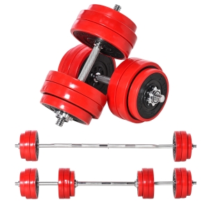 HOMCOM Juego de Mancuernas 30 kg Ajustables 2 en 1 con 12 Discos 2 Barras y Biela Ajustable para Entrenamiento de Fuerza Levantamiento de Pesas Hogar Gimnasio Oficina Negro y Rojo