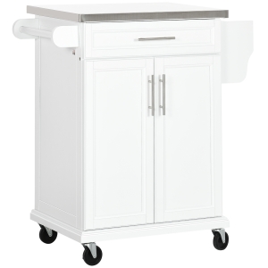 HOMCOM Wooden Kitchen Island Trolley with Stainless Steel Top White