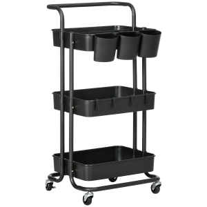 HOMCOM Carrito Auxiliar con Ruedas Carro de Almacenaje Multifuncional con Ganchos y Cajas Colgantes 42x38x86,5 cm Negro