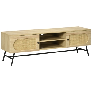 HOMCOM Meuble TV Rotin 150cm Pieds Métal Noir Naturel