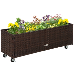 Outsunny Jardinière sur pieds en résine tressée PE carré potager surélevé bac à fleurs extérieur jardin tissu non-tissé inserts d'irrigation inclus métal dim. 94,5L x 31l x 36H cm brun