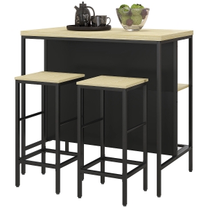 HOMCOM Bar-Set, 2 Barstühle & 1 Bartisch, fleckenresistent, stabil, Stahlrahmen, Schwarz/Eiche