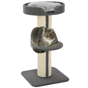PawHut Kratzbaum klein 91 cm Katzenbaum mit Katzenbett, Katzenkratzbaum Spielbaum Kratzstamm mit Plattform für Katzen bis 5 kg Sisal Lammwolle Grau