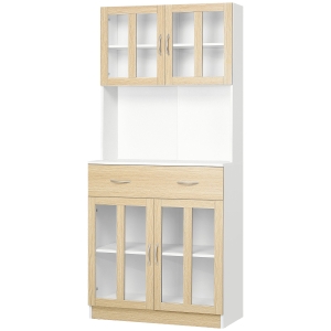 HOMCOM Buffet Cuisine Haut 4 Portes Vitrine Blanc/Chêne