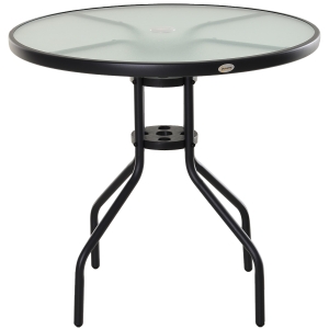 Outsunny Tavolino da Giardino con Piano in Vetro Temperato e Foro per Ombrellone Acciaio Ф80 x 72 cm Nero