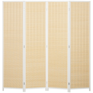 HOMCOM Biombo de 4 Paneles Plegable 180x180 cm Separador de Ambientes Tejido a Mano de Bambú Decoración para Salón Blanco