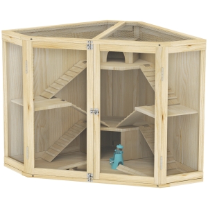 PawHut Hamsterkäfig, 4-Ebenen-Design, mit Fütterungsstation, Wippe, Rampe, Hütten, 115 x 69,5 x 79 cm, Holz