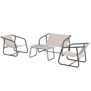 Outsunny Salon de jardin 4 pièces 4 personnes avec canapé 2 places, 2 fauteuils et 1 table basse plateau verre trempé