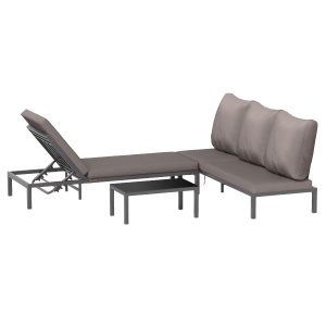 Outsunny Ensemble de salon de jardin modulable, 2 bains de soleil avec matelas + 1 table basse verre trempé, aluminium