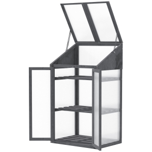 Outsunny Mini-Gewächshaus, kleines Treibhaus mit Holzrahmen, Fenster und Doppeltür, 3 Regale, 70L x 50B x 120H cm, Grau