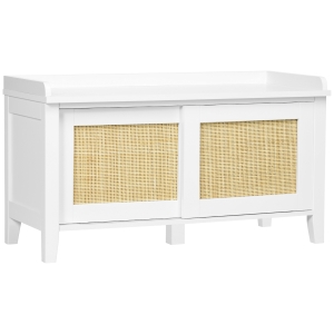HOMCOM Mueble Zapatero con Banco con 2 Puertas de Ratán Estilo Cannage Carga 130 kg para Pasillo 80x35x45 cm Blanco y Natural