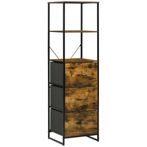 HOMCOM Armário com 3 Gavetas de Tecido Dobráveis e 2 Prateleiras Abertas Armário Multifuncional 44x40x155cm Marrom Rústico