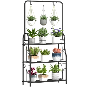 Outsunny Estantería para Plantas de 3 Niveles con Ganchos de Metal Barra para Colgar para Interior y Exterior Negro