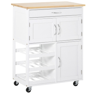 HOMCOM Carro de Servicio con Cajón 2 Armarios de Almacenaje y 3 Estantes Abiertos de 9 Botellas 67x37x87 cm Blanco