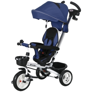 HOMCOM 6-in-1 Kinderdreirad mit Schiebestange, Dach, Gurt, Ablagekorb, 18+ Monate, Dunkelblau