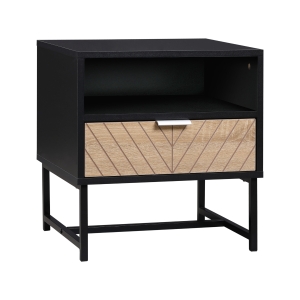 HOMCOM Table de chevet table de nuit style industriel tiroir niche piètement métal aspect bois de chêne sculpté à chevrons noir