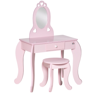 HOMCOM Tocador Infantil de Madera para 3-6 Años con Cajón Taburete a Juego y Espejo Tipo Princesa 60x36x88 cm Rosa