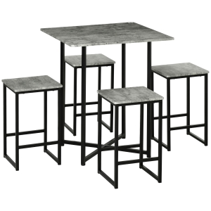 HOMCOM 5pc Bar Table Set Steel Frame for 4 Concrete Grey