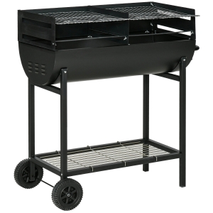 Outsunny Barbecue in Acciaio con 2 Griglie Indipendenti, 2 Ruote e Ripiano Inferiore | Nero | 90cm x 45cm x 96cm