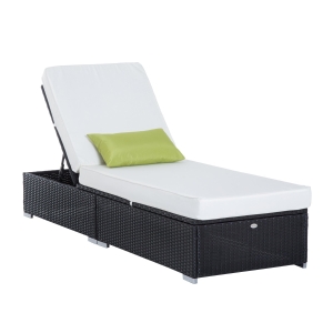 HOMCOM Bain de Soleil transat chaise longue jardin Grand Confort 195L x 68l x 31H cm Dossier inclinable Multi-Positions Aluminium Matelas épaisseur 10 cm crème résine tressée 4 Fils Noir
