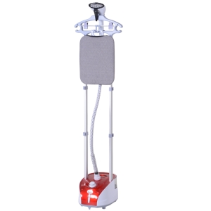 HOMCOM Plancha Vertical Vapor 1950W, Depósito de 2 L, 32g/min, Plancha de Vapor Vertical con Barra Telescópica, Listo en 38s,Colgador de Ropa, Centro de Planchado para Hogar Oficina, Rojo