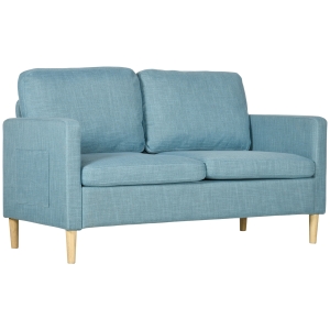 HOMCOM Sofá de 2 Plazas Tapizado en Poliéster con 2 Bolsillos Laterales Reposabrazos y Patas de Madera 143x76x83 cm Azul Claro