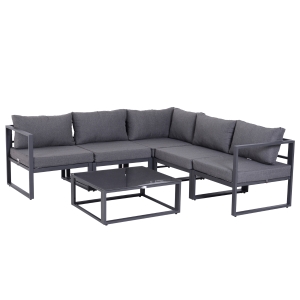 Outsunny Salon De Jardin D'Angle 5 Places - Canapé 3 Places, Méridienne Et Table Basse Aluminium Noir Et Bois