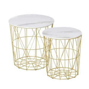 HOMCOM Lot de 2 Tables Basses gigognes - Tables d'appoint Rondes encastrables Style néo-rétro Bicolore Structure métal doré Plateau MDF Aspect marbre Blanc