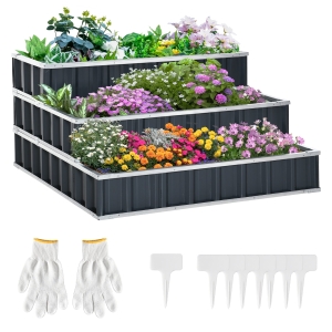 Outsunny Huerto Urbano de 3 Niveles de Jardín Acero 118x118x62 cm Arriate de Escalera para Cultivos Plantas Flores para Terraza Exterior Gris