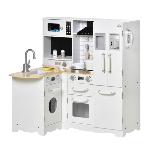 HOMCOM Cuisine pour Enfant 3-6 ans Jeu d'imitation Nombreux Accessoires rangements évier, robinet, four, micro-ondes, hotte, téléphone et réfrigérateur Blanc