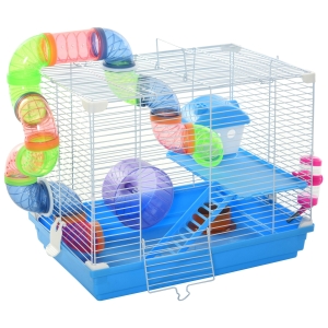 PawHut Cage à hamster rongeur 2 niveaux avec tunnel, biberon eau, roue, maisonnette, échelles dim. 46L x 30l x 37H cm, bleu