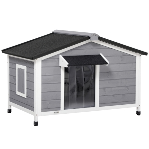 PawHut Niche chien style cottage - 2 fenêtres, porte, toit ouvrant bitumé - dim. 109 x 79 x 72 cm - bois sapin gris