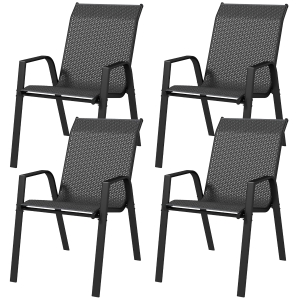 Outsunny Lot de 4 chaises de jardin empilables, fauteuil d'extérieur avec accoudoirs et revêtement en résine tressée effet rotin