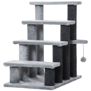 PawHut Escalera para Gatos con 4 Niveles Plataforma Poste Rascador y Bola Colgante de Juguete 60x40x64 cm Gris
