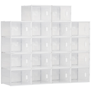 HOMCOM Organizador de Zapatos Modular Estantería Modulable con 18 Cubos Puertas Magnéticas 28x36x21 cm Transparente