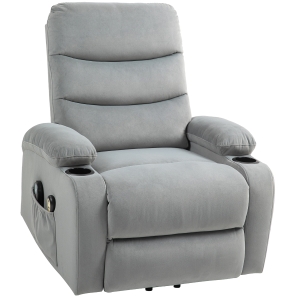 HOMCOM Fauteuil releveur inclinable massant et chauffant, tissu aspect velours avec porte-gobelets, pochette latérale, gris