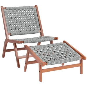 Outsunny Fauteuil de jardin avec repose-pieds - chaise relax en bois d'acacia et corde résine tressée - naturel, gris