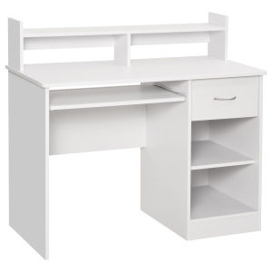 HOMCOM Scrivania per Computer Compatta, Scrivania PC Fisso in Legno Bianco con Ripiano Tastiera Estraibile e Mensole 104x48x95.5cm