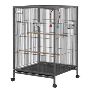 PawHut Gaiola para Pássaros com Rodas Gaiola para Aves com Comedouro Poleiro Baloiço e Bandeja Amovível 48x46x74 cm Cinzento