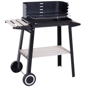 Outsunny Barbacoa de Carbón Vegetal BBQ con Altura de Parrilla Ajustable Estantes y Ruedas para Exterior 83x46x87 cm Negro