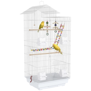 PawHut Gaiola para Passáros de Metal com Portas 4 Comedouros 3 Poleiros Baloiço Escadas e Bandeja Removível 46x36x100 cm Branco
