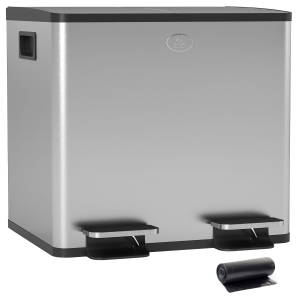 HOMCOM Papelera de Cocina de Acero Inoxidable con 2 Compartimentos 2x15L Pedales Tapas de Cierre Suave y Cubo Extraíble Plata