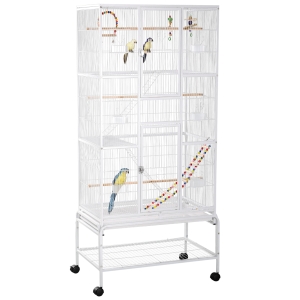 PawHut Gaiola para Pássaros com Rodas de 3 Níveis com 3 Poleiros Comedouros Brinquedos Rampas e Prateleira 83x53x180 cm Branco