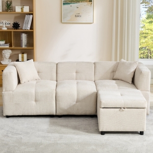 L-Shaped Sectional Sofa with Removable Storage Ottoman and 2 Pillows, Beige
