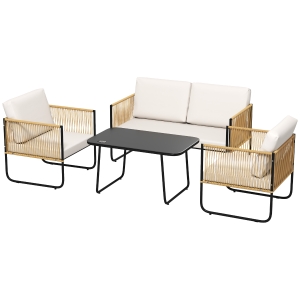 Outsunny Salon de jardin 4 pièces avec canapé 2 places, 2 fauteuils, 1 table basse en verre et coussins – crème blanc