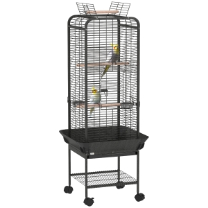 PawHut Gaiola para Pássaros com Rodas Poleiros Comedouros Prateleira e Bandeja Amovível 62,5x62,5x146 cm Cinza Escuro