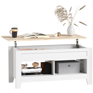 HOMCOM Mesa de Centro com Bancada Elevável 2 Compartimentos Abertos Bancada de Madeira 105x50x49 cm Branco e Madeira