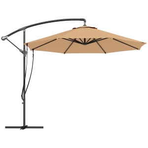 Outsunny Chapéu de Sol Excêntrico Ø 290 cm Chapéu de Sol de Jardim com Base Cruzada Capa de Proteção e Corda de Vento Cáqui