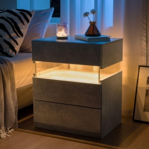 LED Nightstand with Acrylic Board and 3 Drawers, Modern Bedside Table with RGB LED Light, 50L x 37.5W x 60H cm, Gray