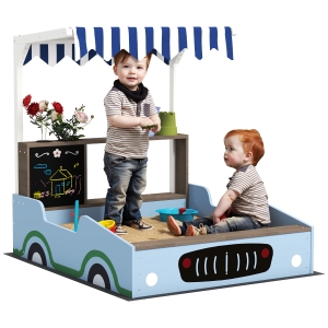 AIYAPLAY Zandbak met Voordak, Ontwerp van Een Kruidenierswinkel, Zitbank, Tekentafel, Sparrenhout, 104H x 108L x 90B cm, Blauw